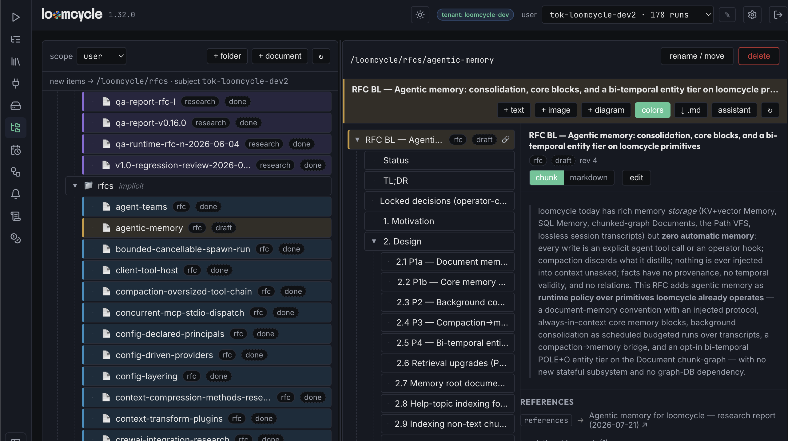 Loomcycle Web UI Documents view showing an RFC document open. The Path tree on the left tints RFCs by status: research-tagged rows are purple, RFC rows are the RFC color, the selected RFC shows an orange accent bar because it is in draft. The right pane shows the chunk viewer with the RFC BL agentic-memory document; the selected chunk has an orange left-accent stripe matching its draft status. The top action bar shows the + text / + image / + diagram / colors / .md / assistant buttons.